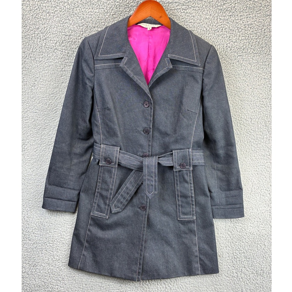 Trina Turk Belted Trench Coat Jacket Womens 8 Dark Denim Contrast Stitch Retro